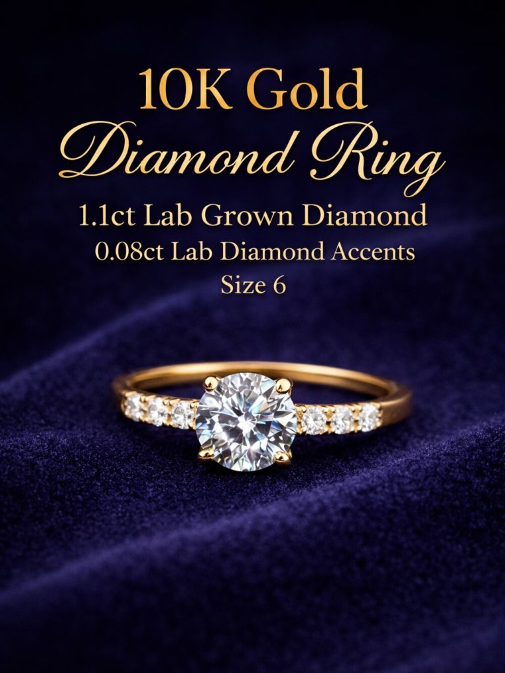1.1ct Lab Diamond Engagement Ring 10K Gold, Round Solitaire Ring